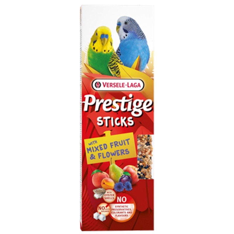 Sticks com frutos mistos e flores para periquitos