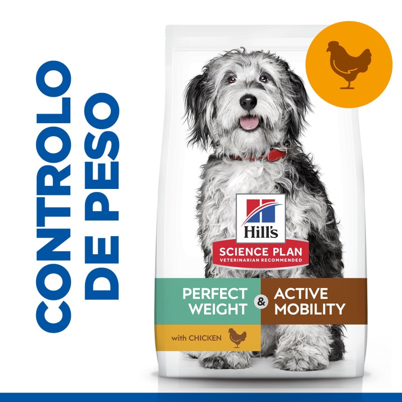 Hill's Perfect Weight & Active Mobility Medium - Ração seca para cão médio para controlo do peso e mobilidade - Frango